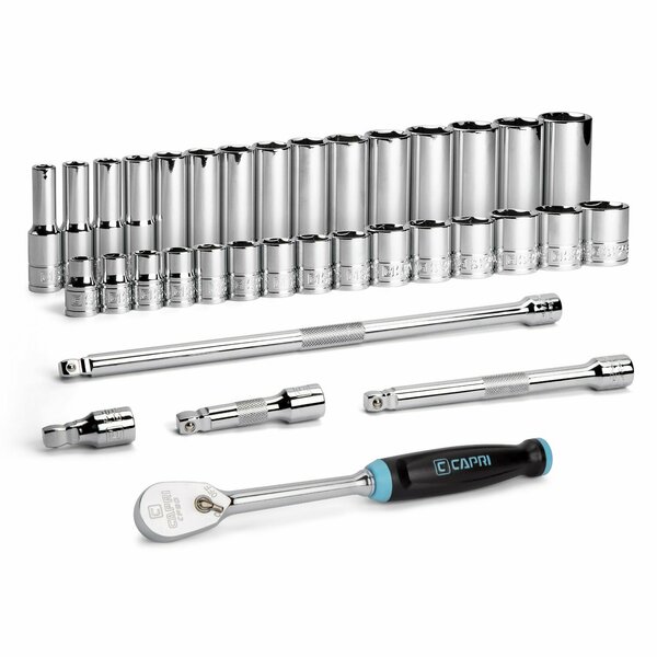 Capri Tools 3/8 in. Drive Master 6-Point Chrome Socket Set, 8 to 22 mm, with Extension and Ratchet, 35-Piece CP12320-35M-SET